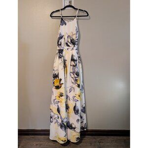 Xtraordinary Formal Maxi Dress Sz 7 Yellow & Gray Floral High Neck Layered